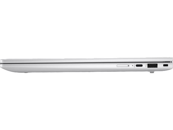 USB ve SD kart yuvalarını gösteren gümüş rengi dizüstü bilgisayar profili.