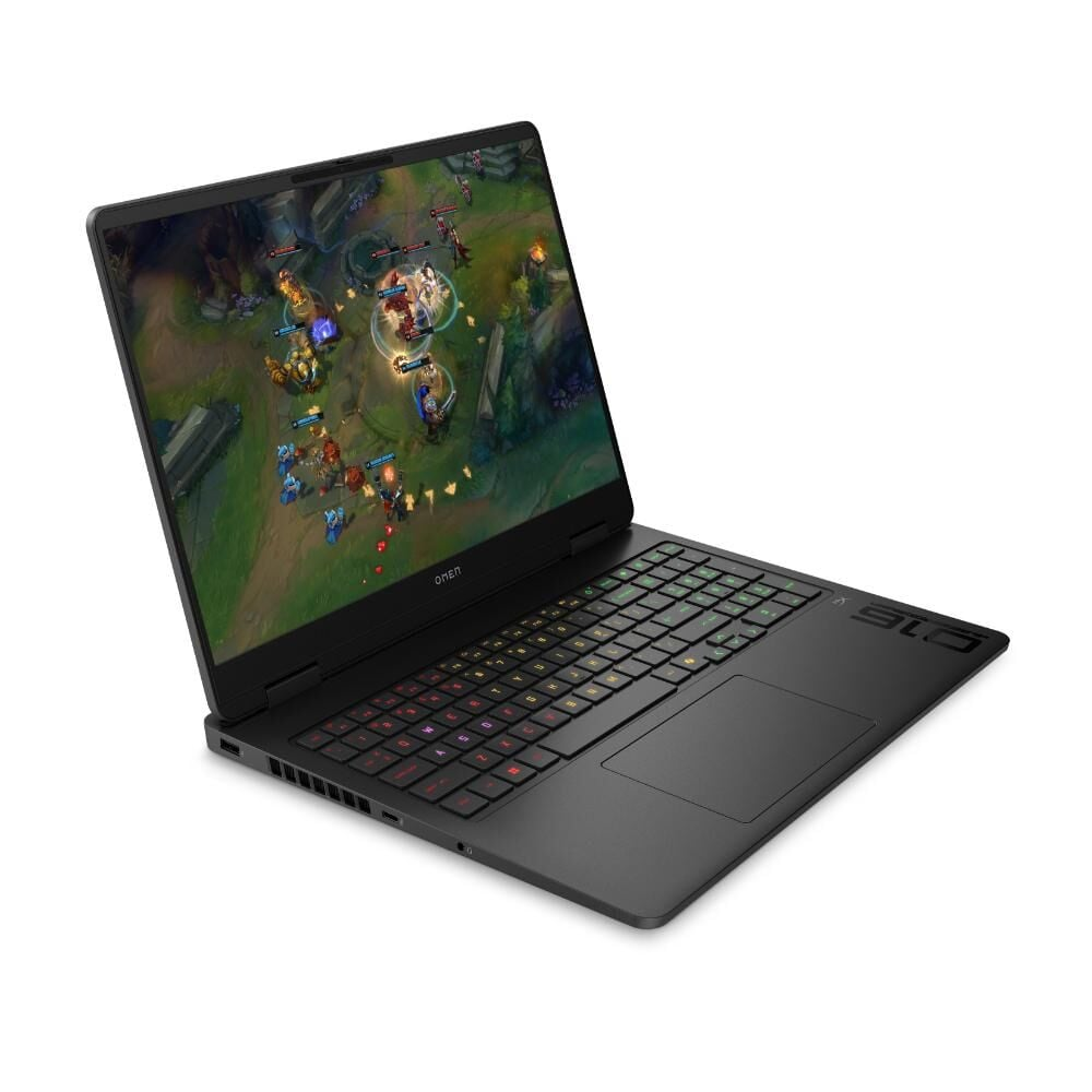 Ekranında renkli bir video oyunu gösteren siyah HP Omen dizüstü bilgisayar.