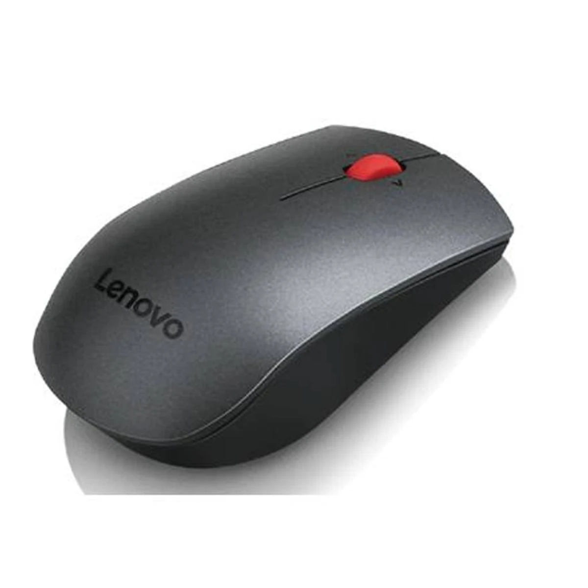 Beyaz arka plan üzerinde kırmızı kaydırma tekerlekli koyu gri kablosuz Lenovo fare.