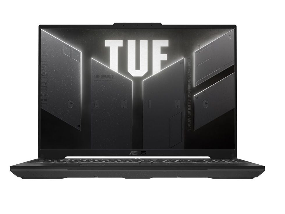 Ekranında parlak TUF Gaming logosu olan açık siyah bir dizüstü bilgisayar.