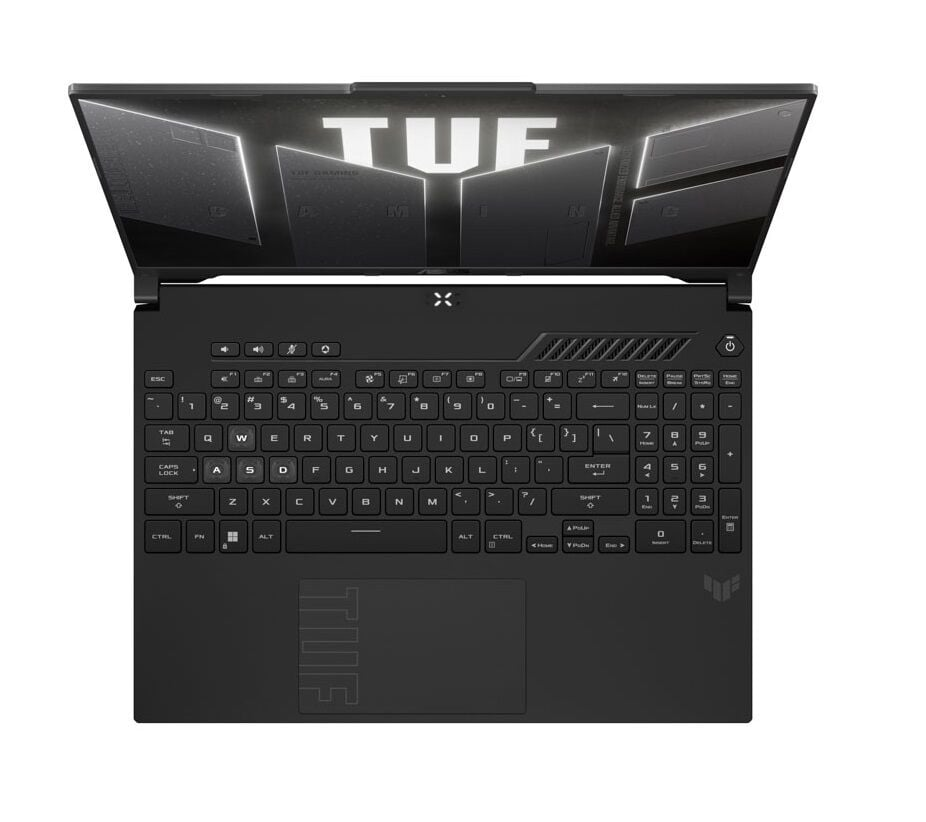 Ekranında "TUF" logosu ve arkadan aydınlatmalı klavyesi olan açık siyah bir dizüstü bilgisayar.