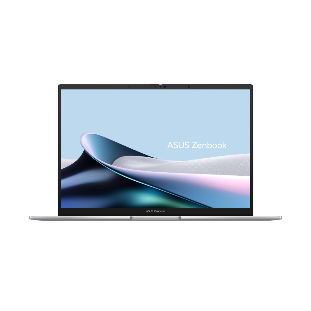 Ekranında soyut bir arka plan gösteren gümüş renkli Asus Zenbook dizüstü bilgisayar.