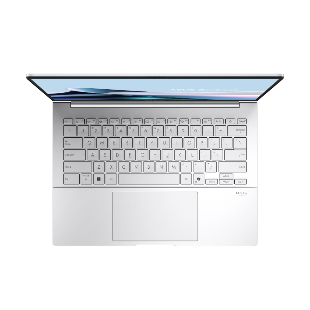 Açık gümüş ASUS Zenbook dizüstü bilgisayarın üstten görünümü, klavye ve ekran.