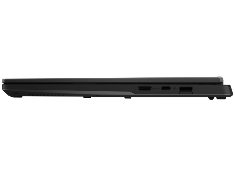 USB-C, HDMI ve USB-A bağlantı noktalarını gösteren siyah dizüstü bilgisayar yan görünümü.