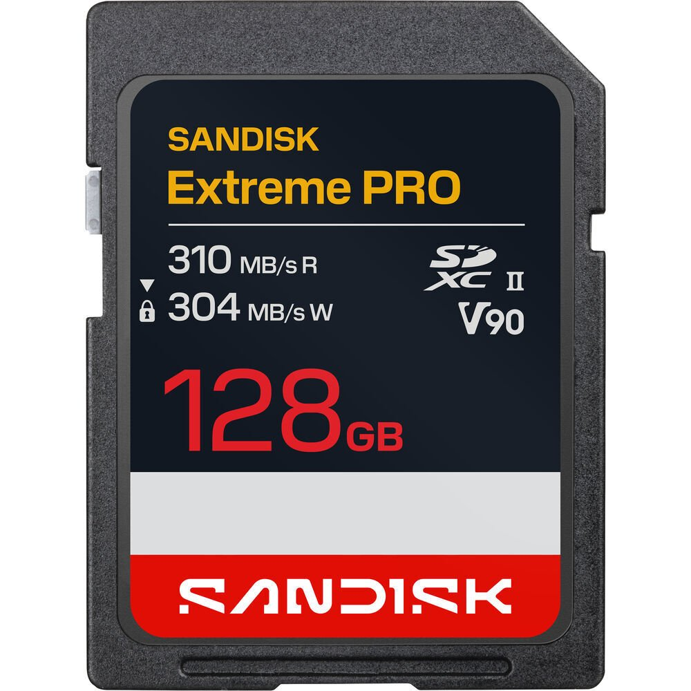 Sandisk Extreme PRO SDXC II V90 hafıza kartı, 128 GB, kırmızı vurgulu siyah.