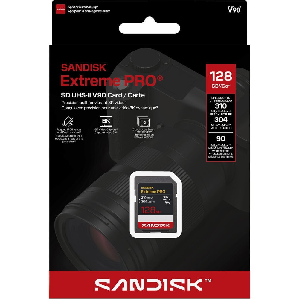 Sandisk Extreme Pro SD UHS-II V90 kart, 128GB, 8K video ve seri çekim için.