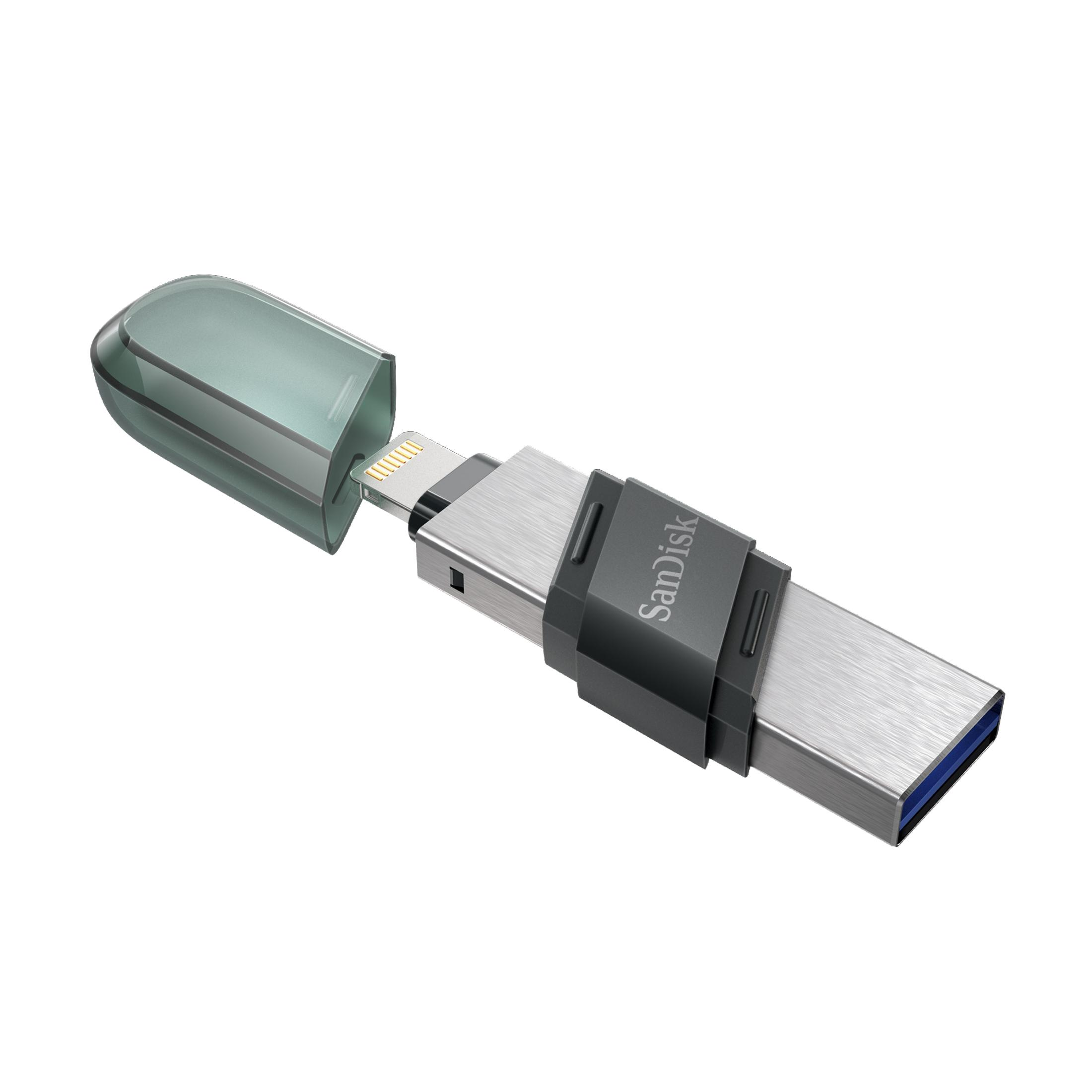 Şeffaf kapağı çıkarılmış, Lightning konektörünü gösteren bir SanDisk USB bellek.