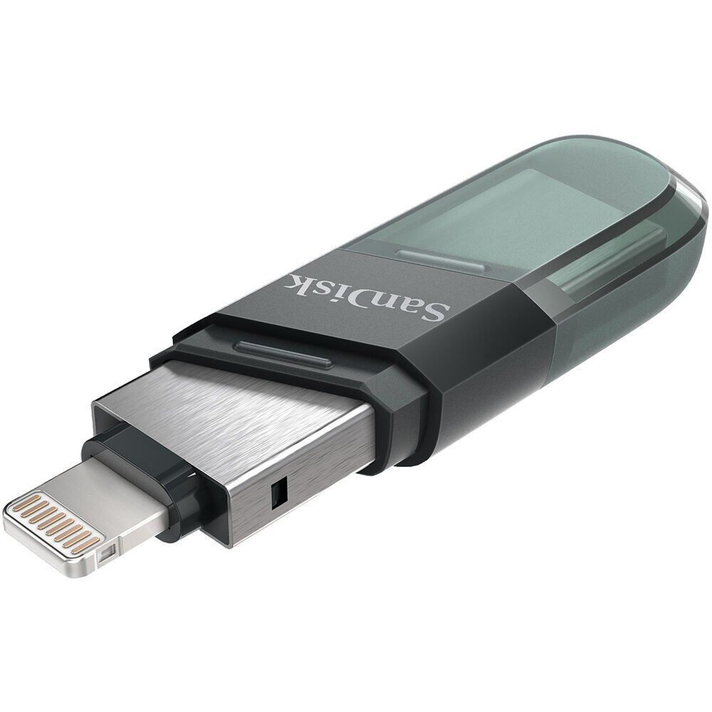 Şeffaf kapak tasarımlı, Lightning konektörlü bir SanDisk USB bellek.