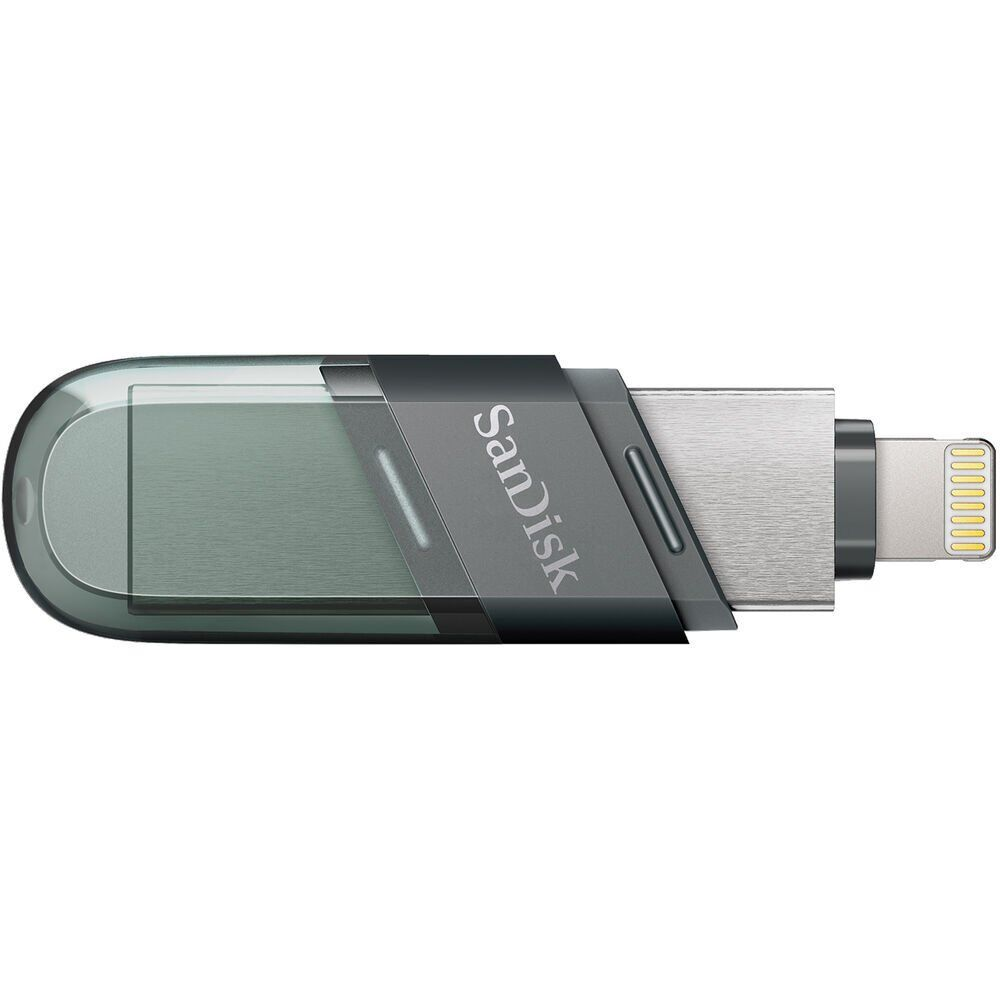 Gri ve yeşil renkli, Lightning ve USB-A konektörlü bir SanDisk çift USB sürücü.