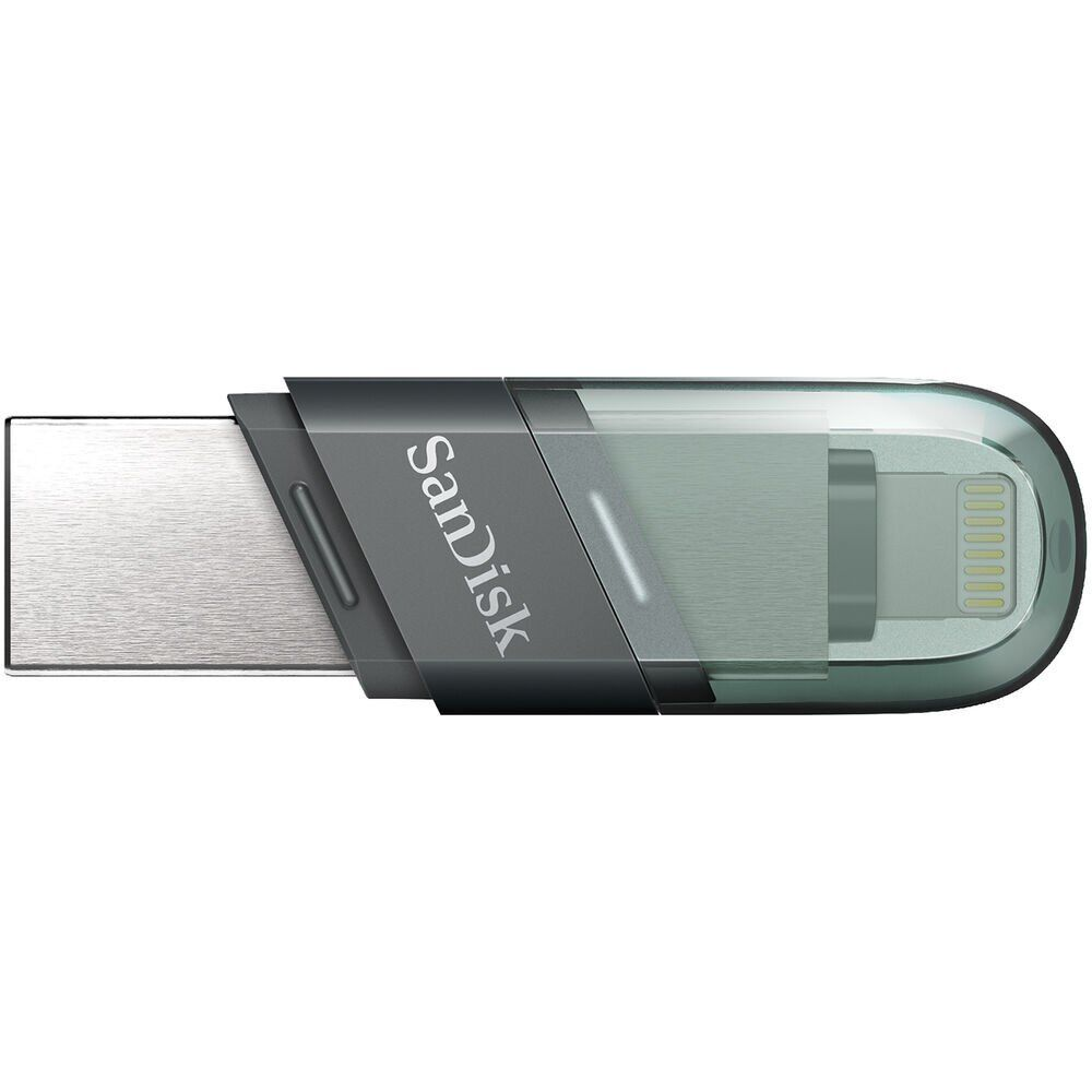 SanDisk USB sürücü Lightning konektörlü, gri ve şeffaf.