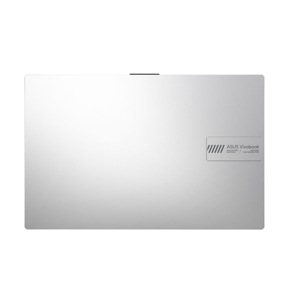 ASUS Vivobook logosu ve sloganı olan gümüş rengi dizüstü bilgisayar kapağı.