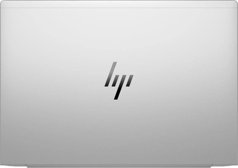 Ortasında siyah HP logosu bulunan kapalı gümüş rengi dizüstü bilgisayar.