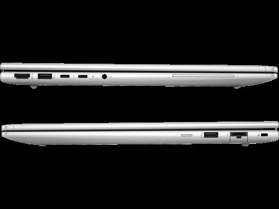 Gümüş laptop yandan, bağlantı noktaları: HDMI, USB-A, USB-C, kulaklık jakı.