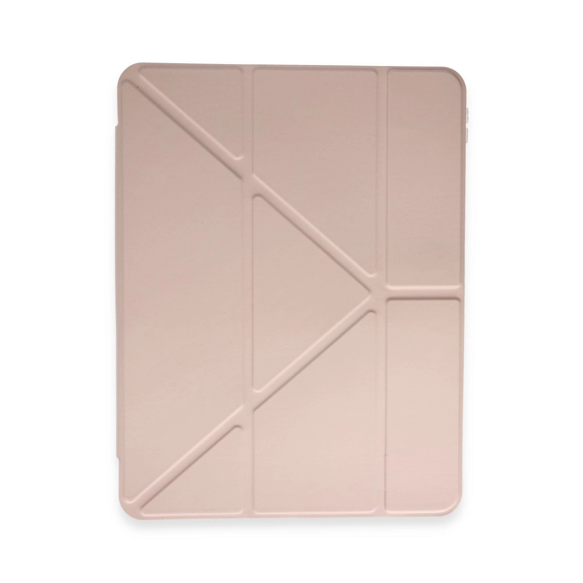 Beyaz arka plan üzerinde geometrik desenli pembe tablet kılıfı.