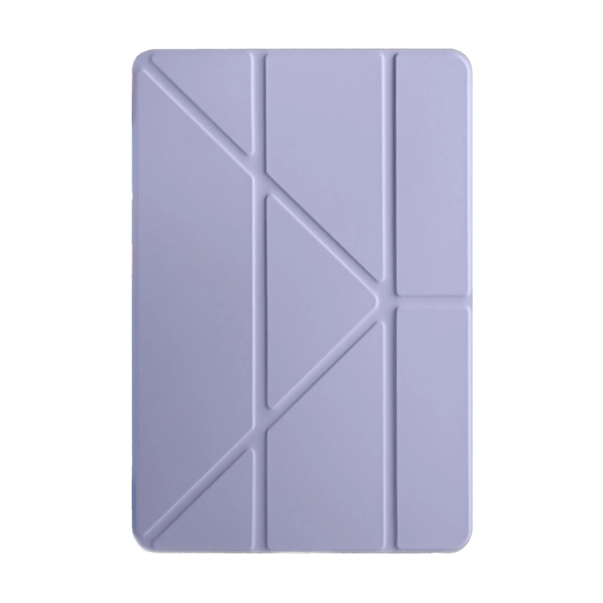 Beyaz arka plan üzerinde geometrik desenli mor tablet kılıfı.