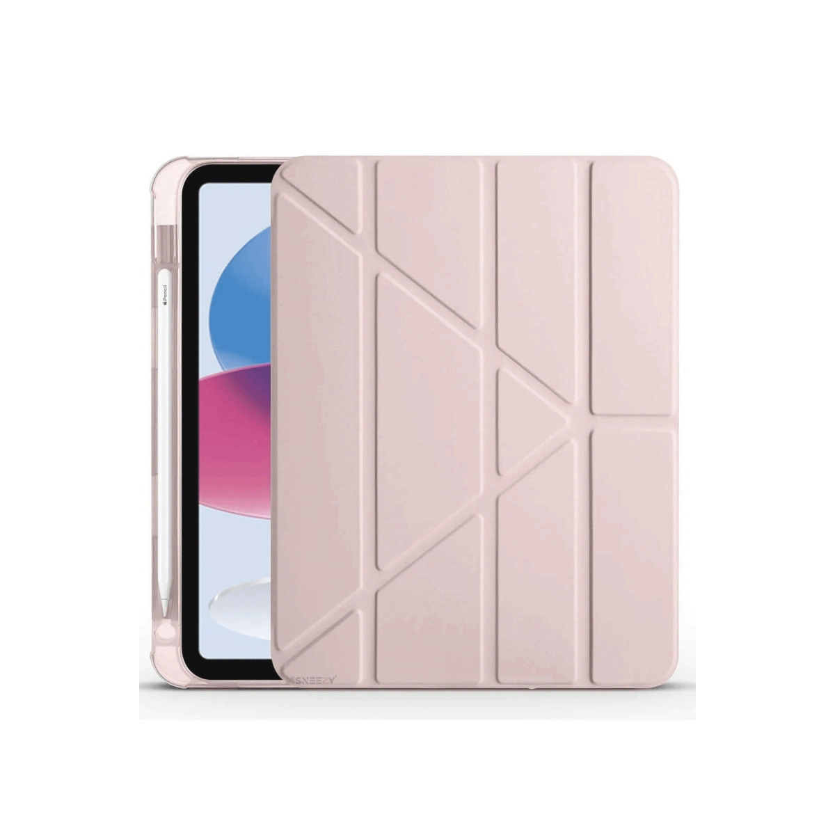 Beyaz arka planda, stiluslu ve geometrik kapaklı pembe tablet.
