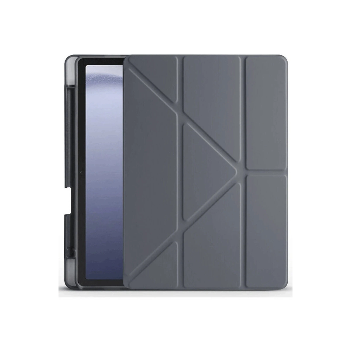 Geometrik desenli gri tablet kılıfı, beyaz arka plan üzerinde.