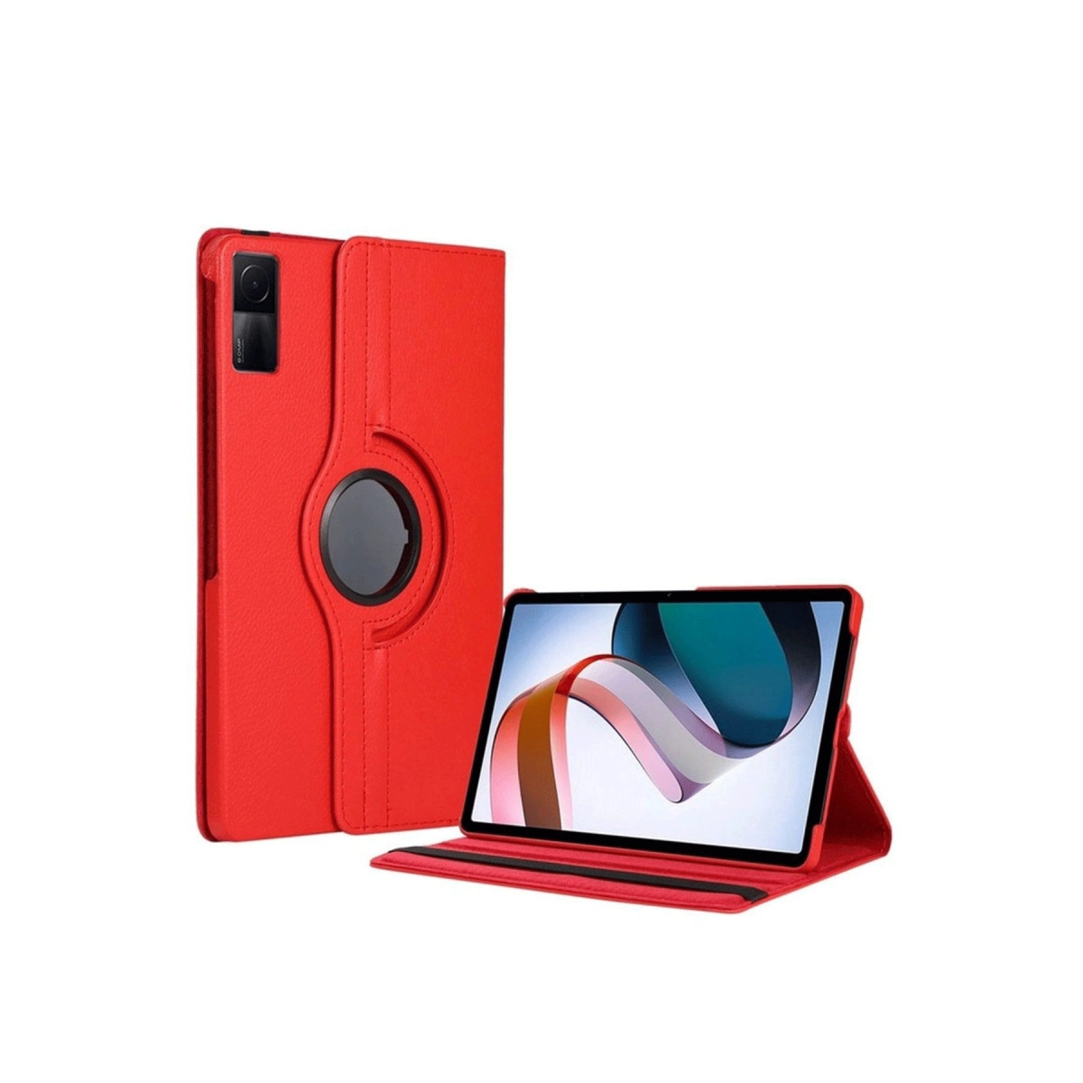 Döner stantlı kırmızı tablet kılıfı ve üzerinde bir tablet.