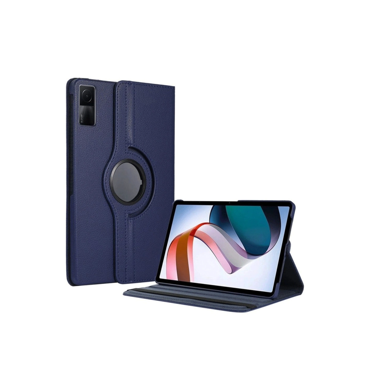 Mavi tablet kılıfı açık duruyor, renkli soyut duvar kağıdına sahip bir tableti gösteriyor.