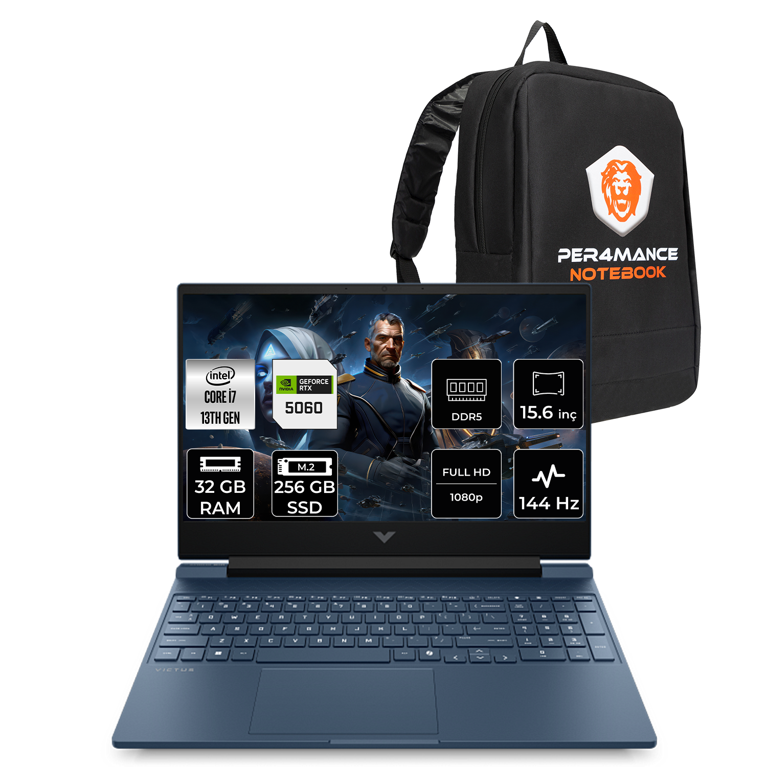 Mavi laptop, Intel Core i7, RTX 5060, 32GB RAM, 256GB SSD, 144Hz.