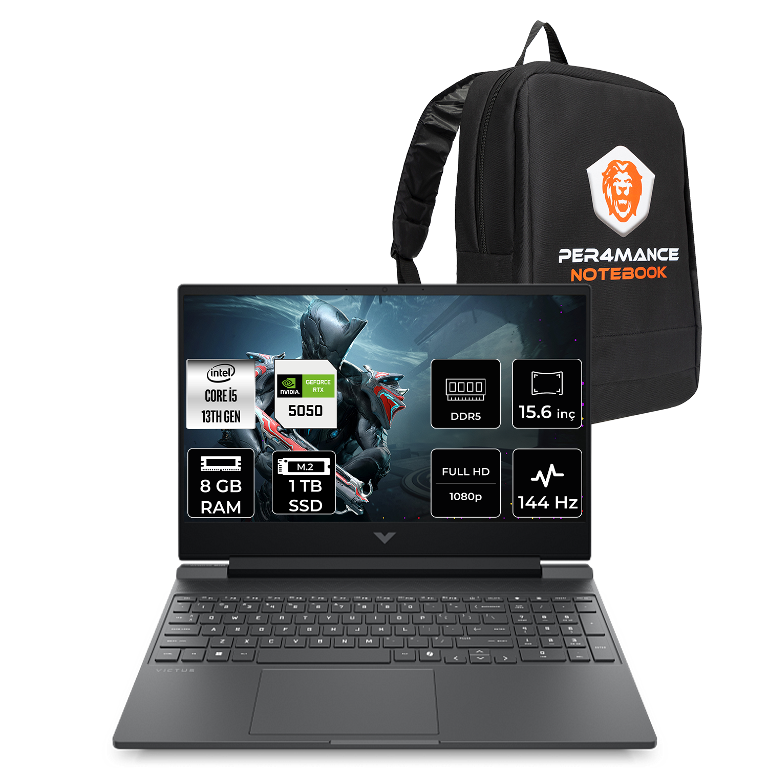 Intel Core i5 ve Nvidia RTX 5050 özellikli siyah dizüstü bilgisayar, sırt çantasının yanında.