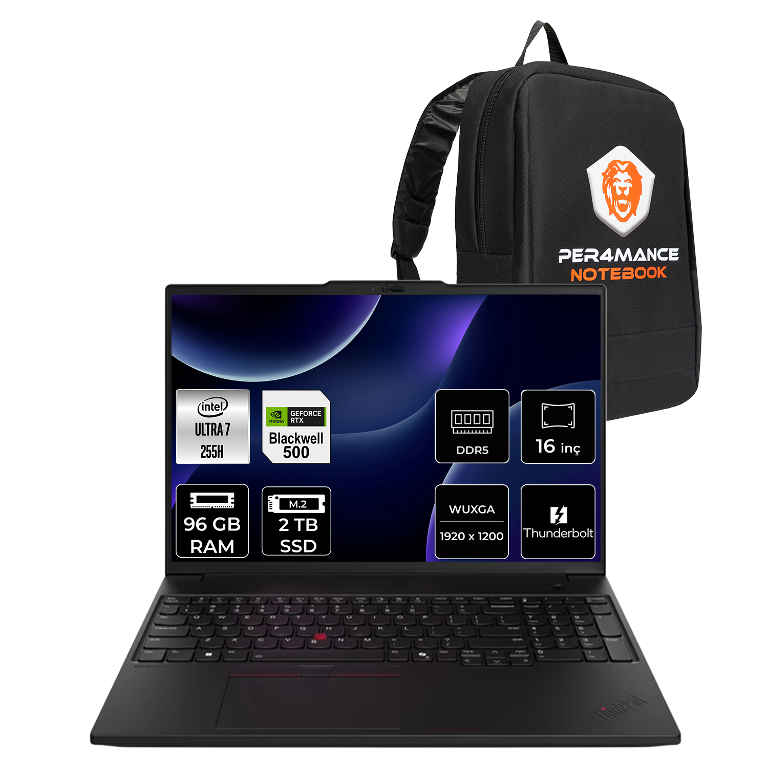 Sırt çantalı siyah dizüstü bilgisayar. Özellikler: Intel Ultra 7, 96GB RAM, 2TB SSD.