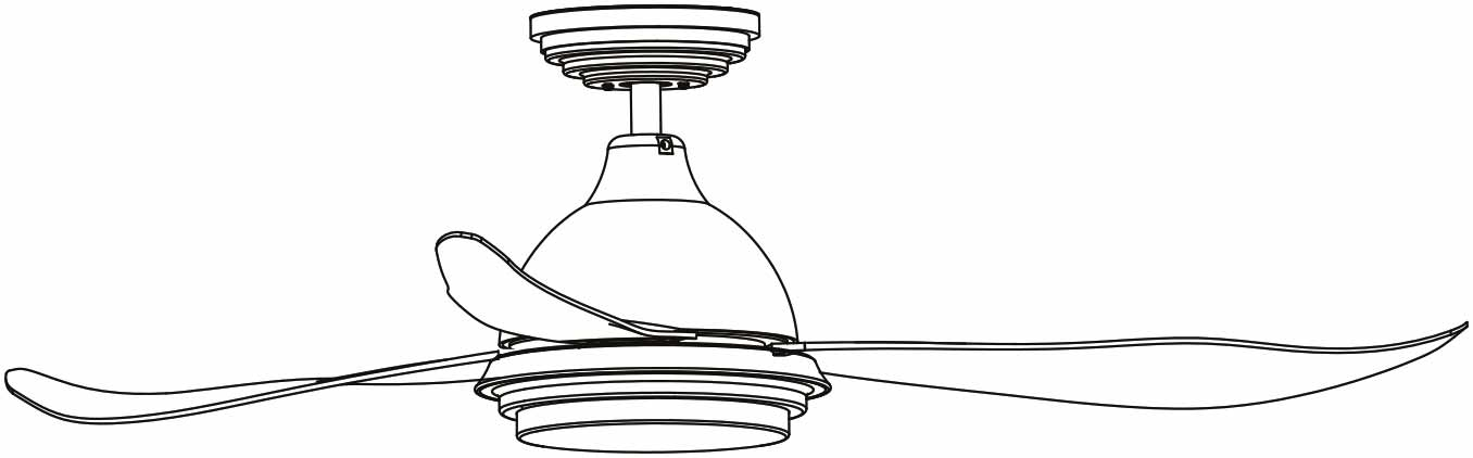 Eine detaillierte Linienzeichnung eines modernen Deckenventilators mit drei geschwungenen Flügeln.