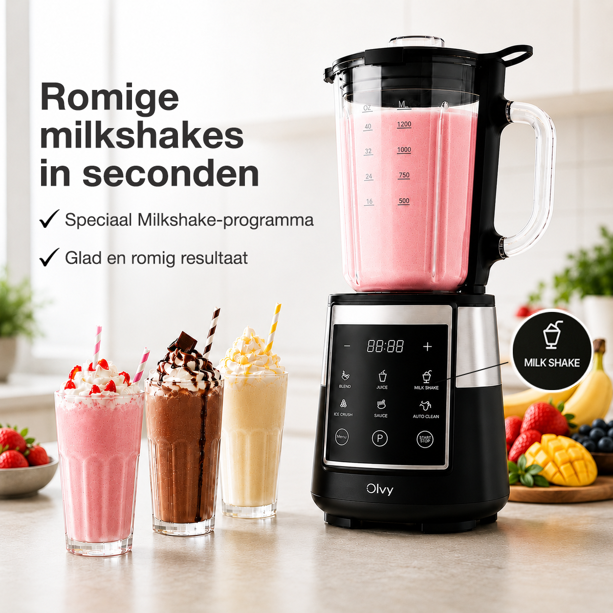 A blender with three milkshakes and fruits beside it.