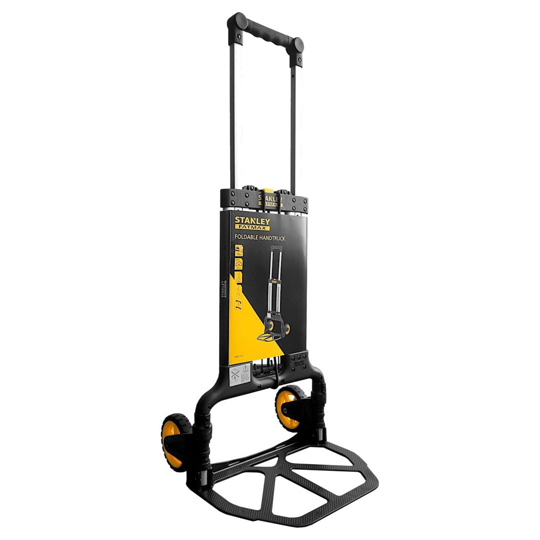 Un carrello a mano pieghevole Stanley Fatmax nero con ruote gialle e base nera.
