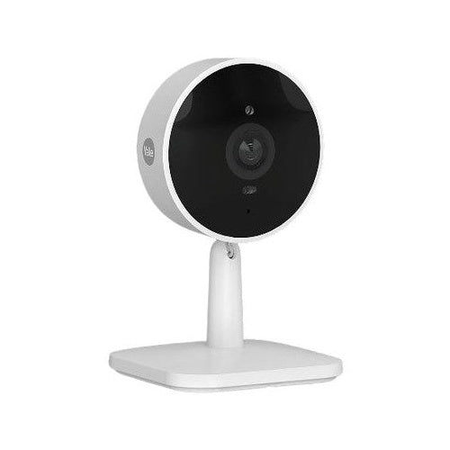 Witte beveiligingscamera met ronde zwarte lens en standaard.