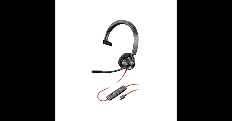 Un auricolare nero sovraurale con microfono e connettore USB-C.