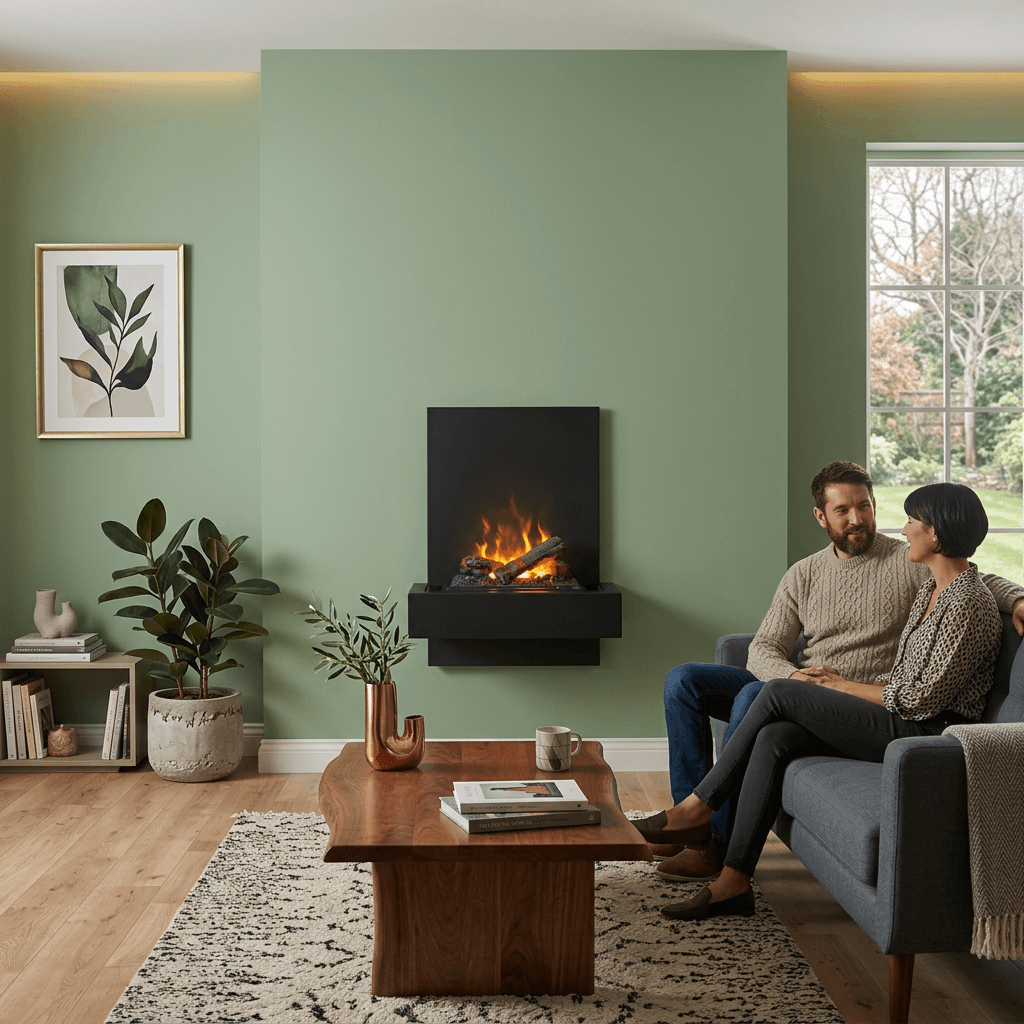 Een stel zit op een bank voor een open haard in een woonkamer met groene muren.
