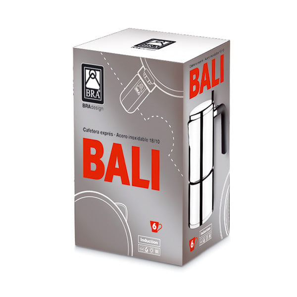 Verpackung einer BRA Bali Espressokanne aus Edelstahl 18/10 für 6 Tassen.
