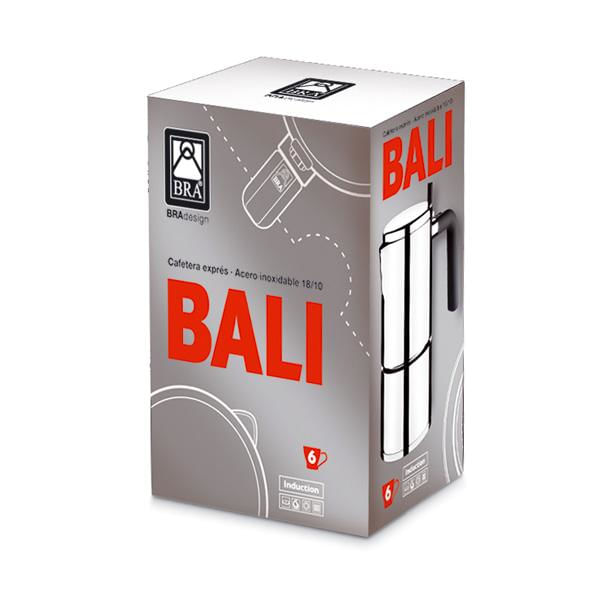 Verpackung für BRA Bali 6-Tassen-Mokakanne aus Edelstahl. Enthält eine Zeichnung.