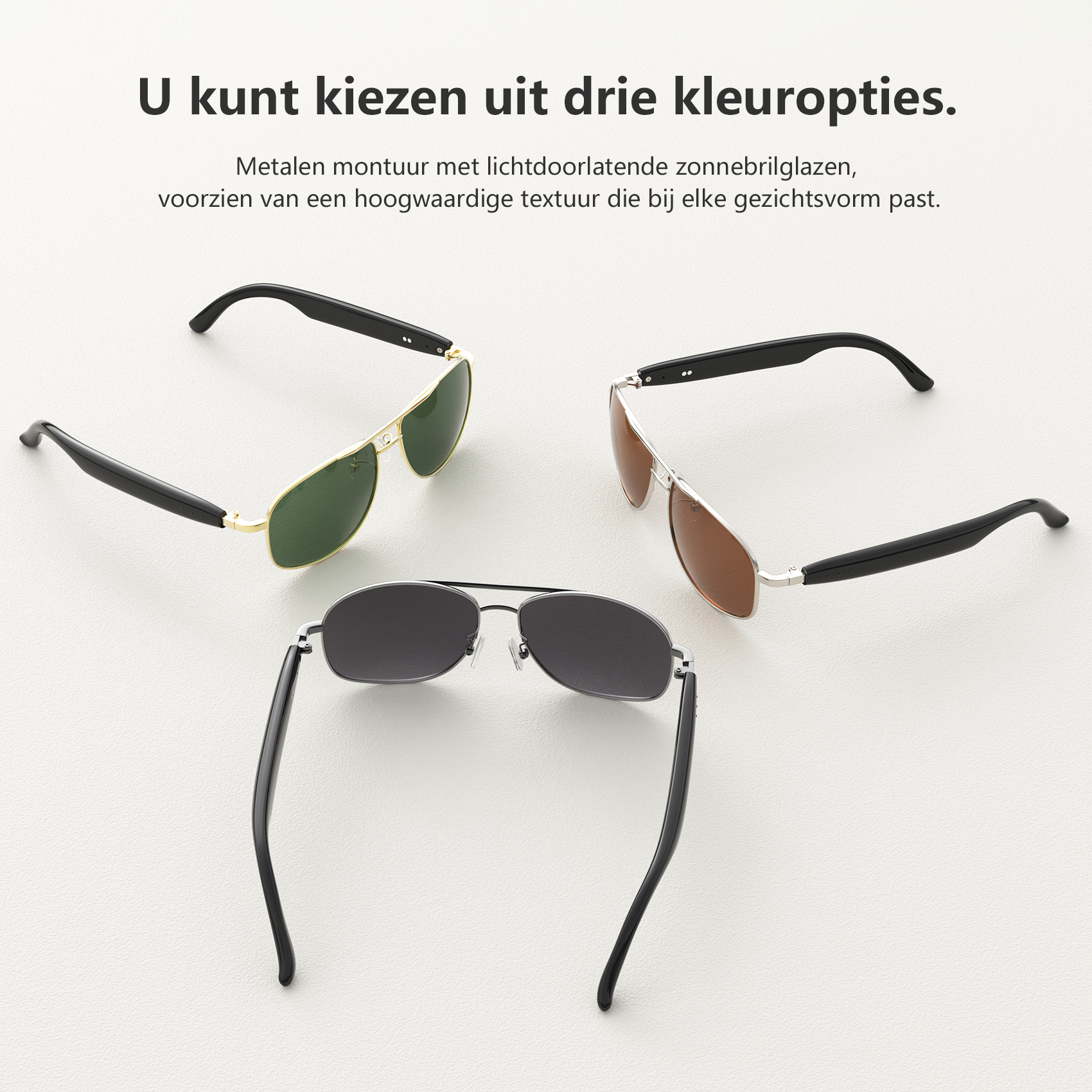Three metal frame sunglasses: green, brown, grey. Black arms.