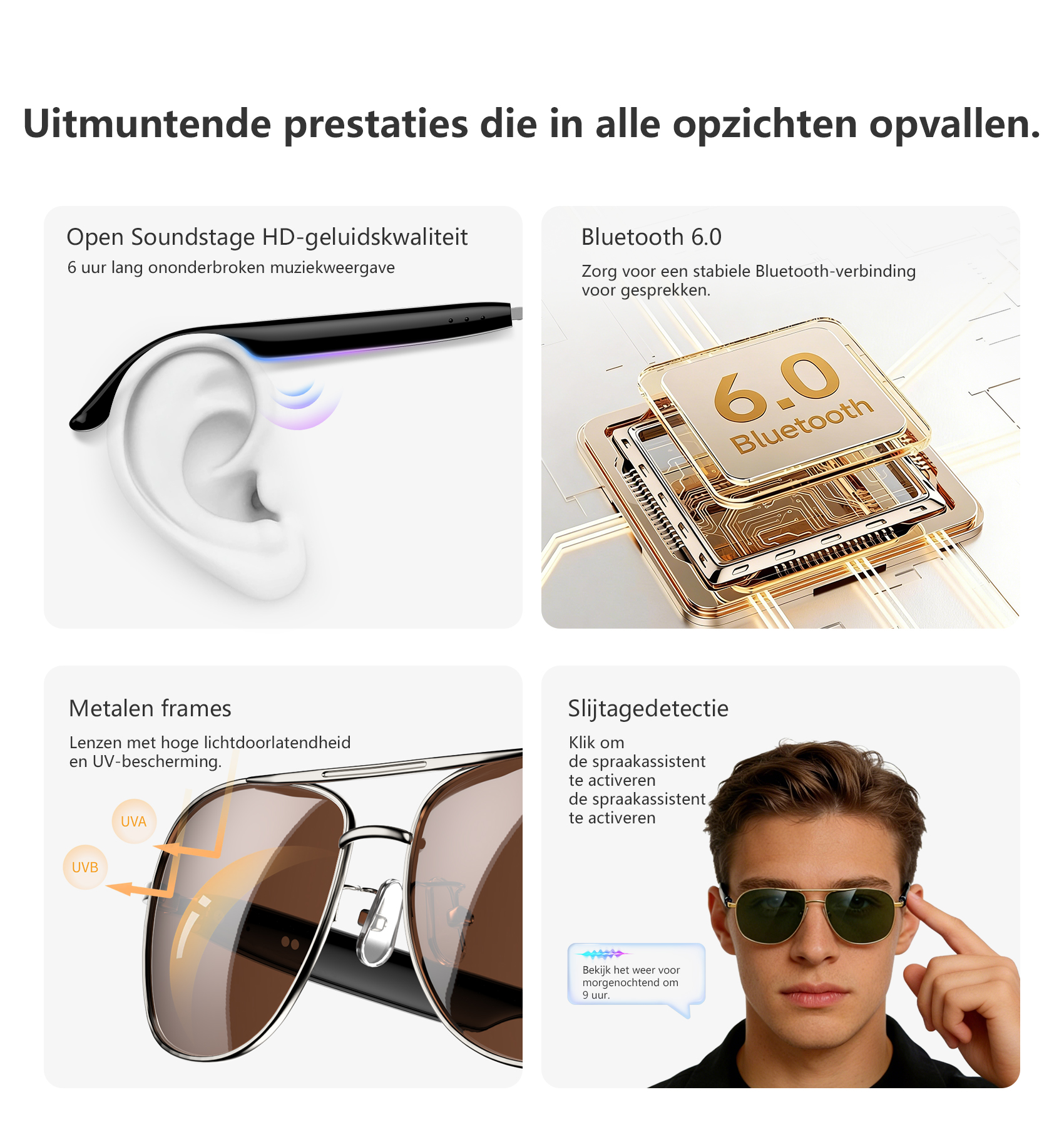 Product overview: Earbud, Bluetooth 6.0 chip, sunglasses, man wearing sunglasses.
