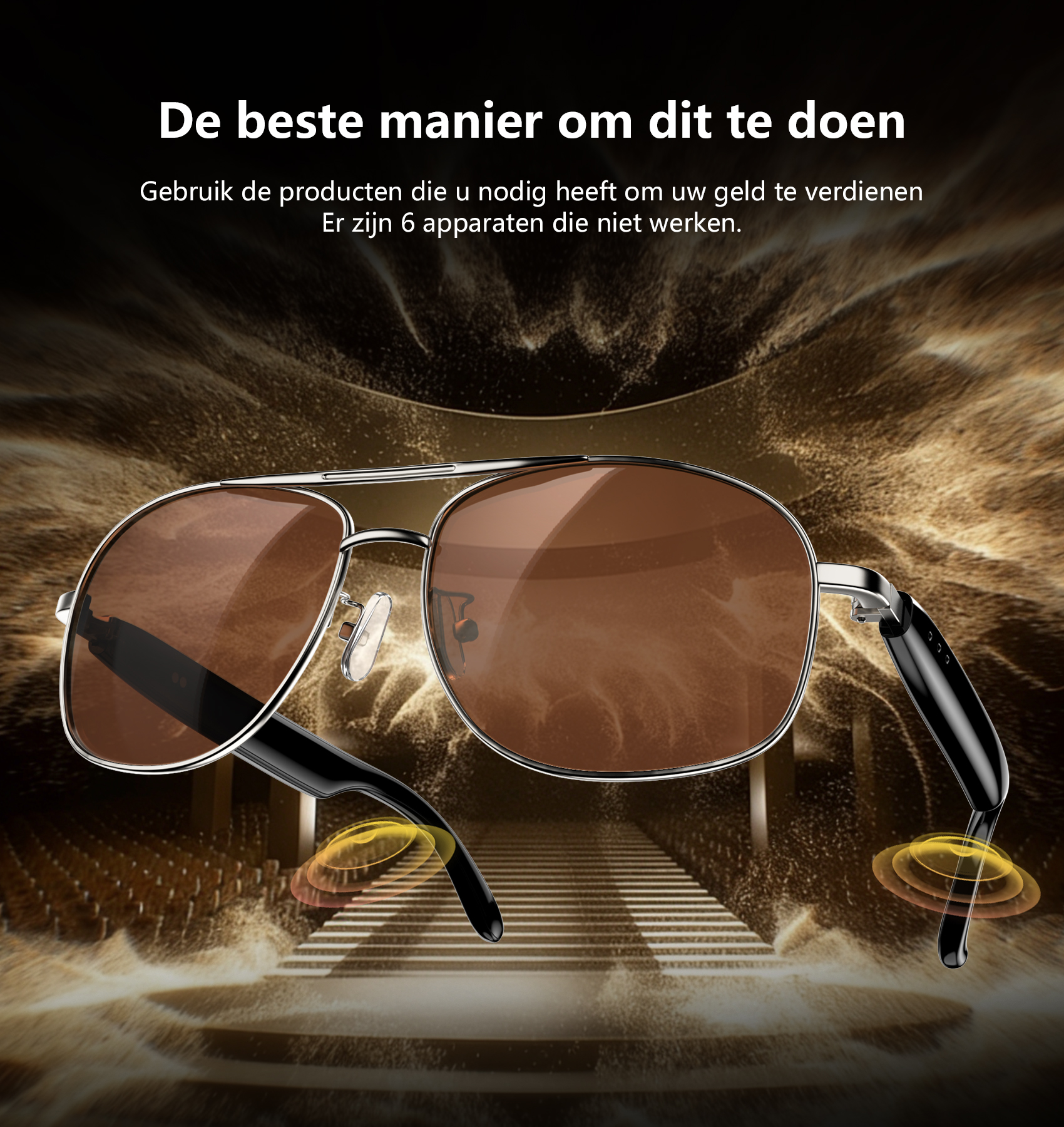Sunglasses with brown lenses in front of a dark background with golden particles and steps.