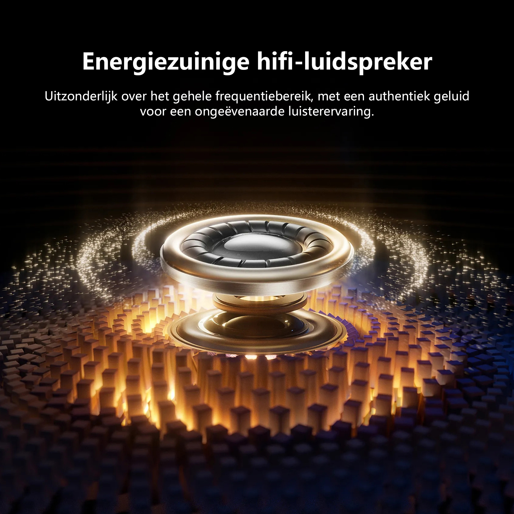 A silver speaker with waves of light and cubes.