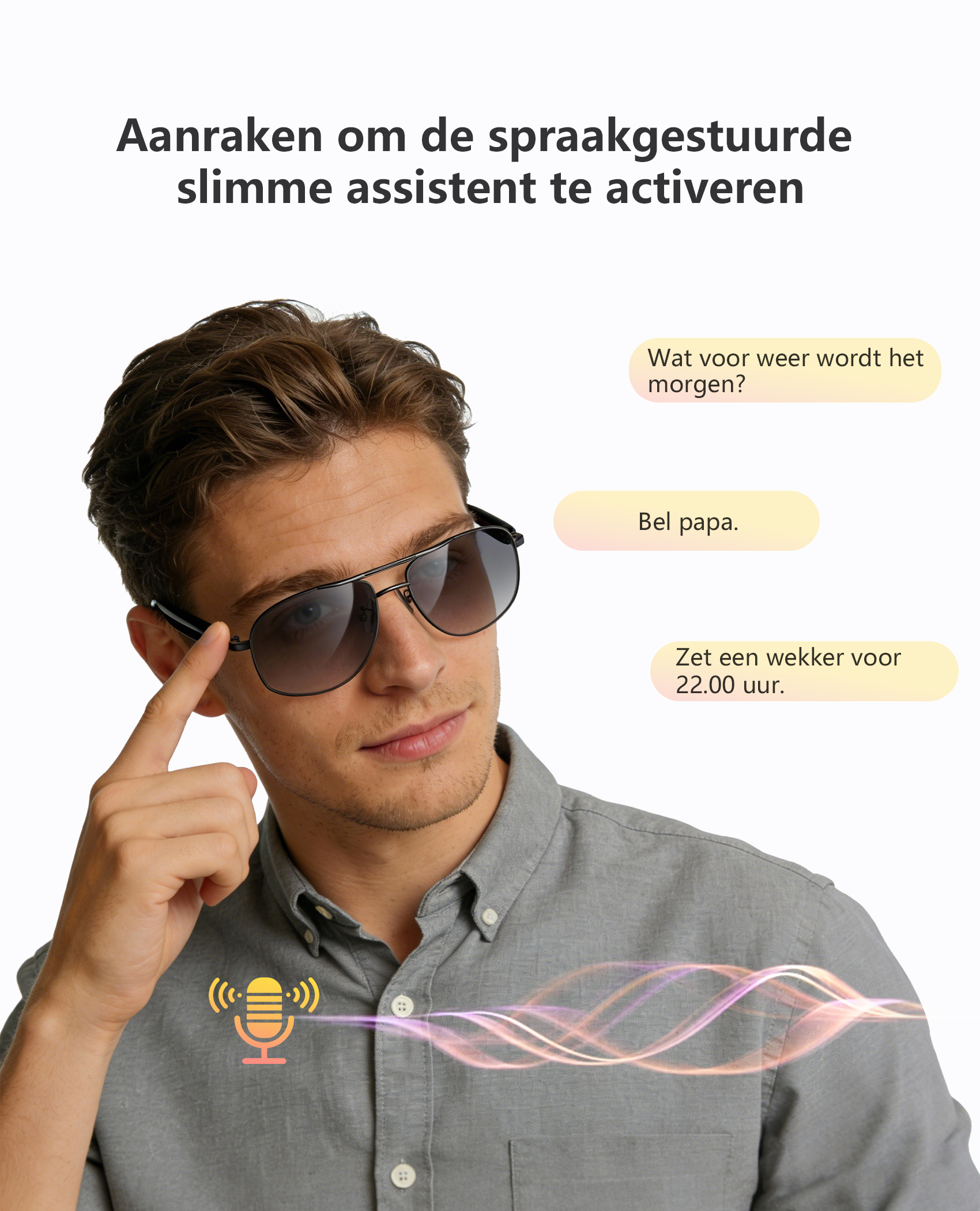 Man wearing sunglasses touches ear, voice assistant icon. Speech bubbles present.