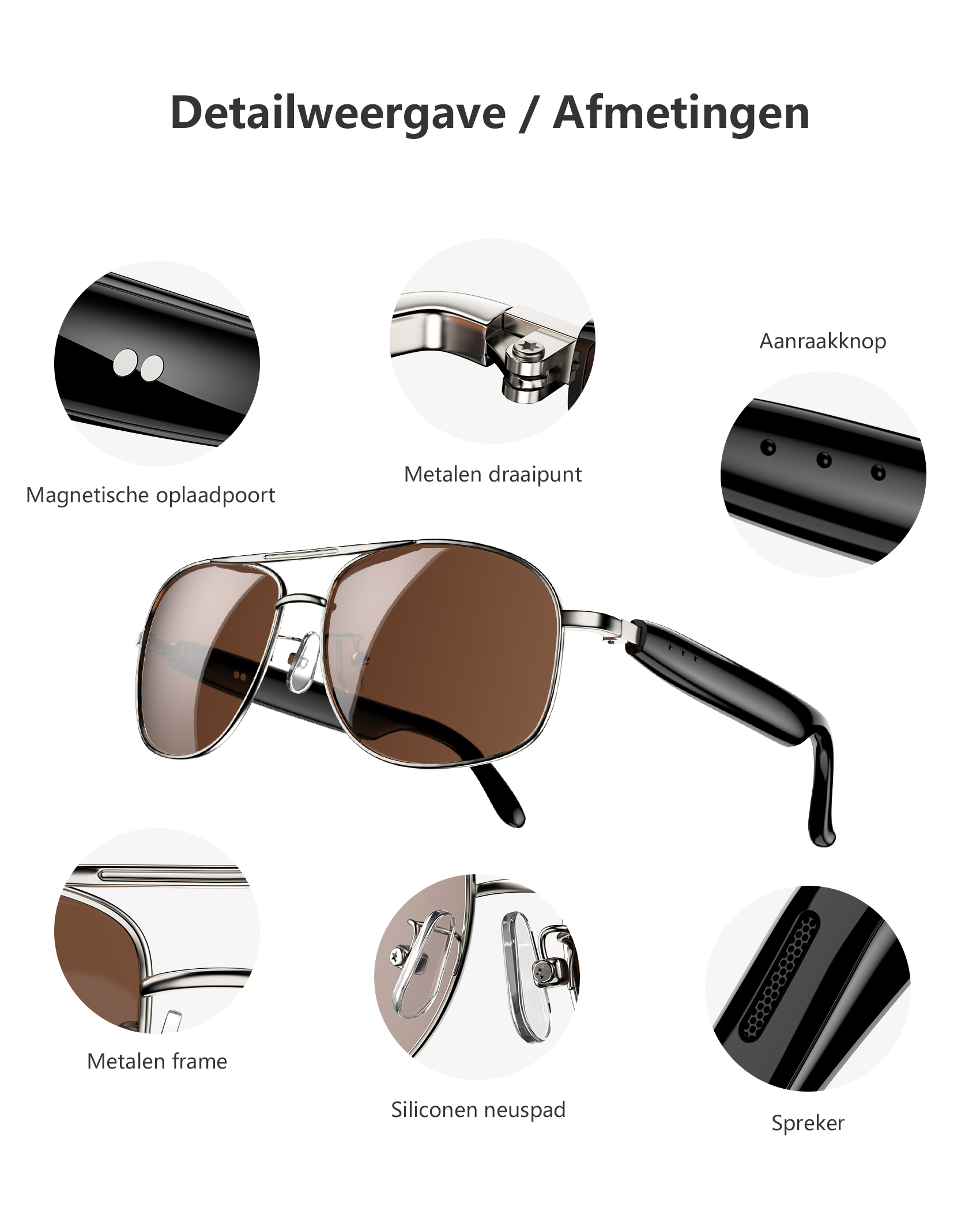 Sunglasses with brown lenses, metal frame, charging port, touch button, and speaker.