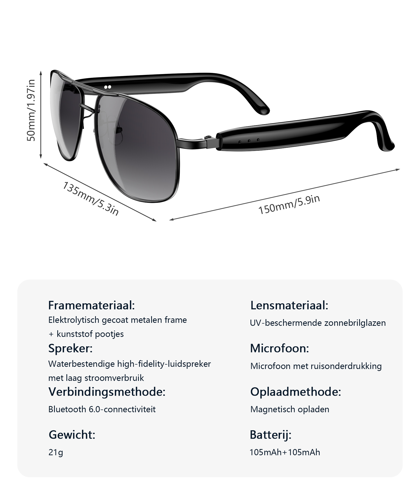 Black rectangular sunglasses with built-in Bluetooth speakers and microphone.