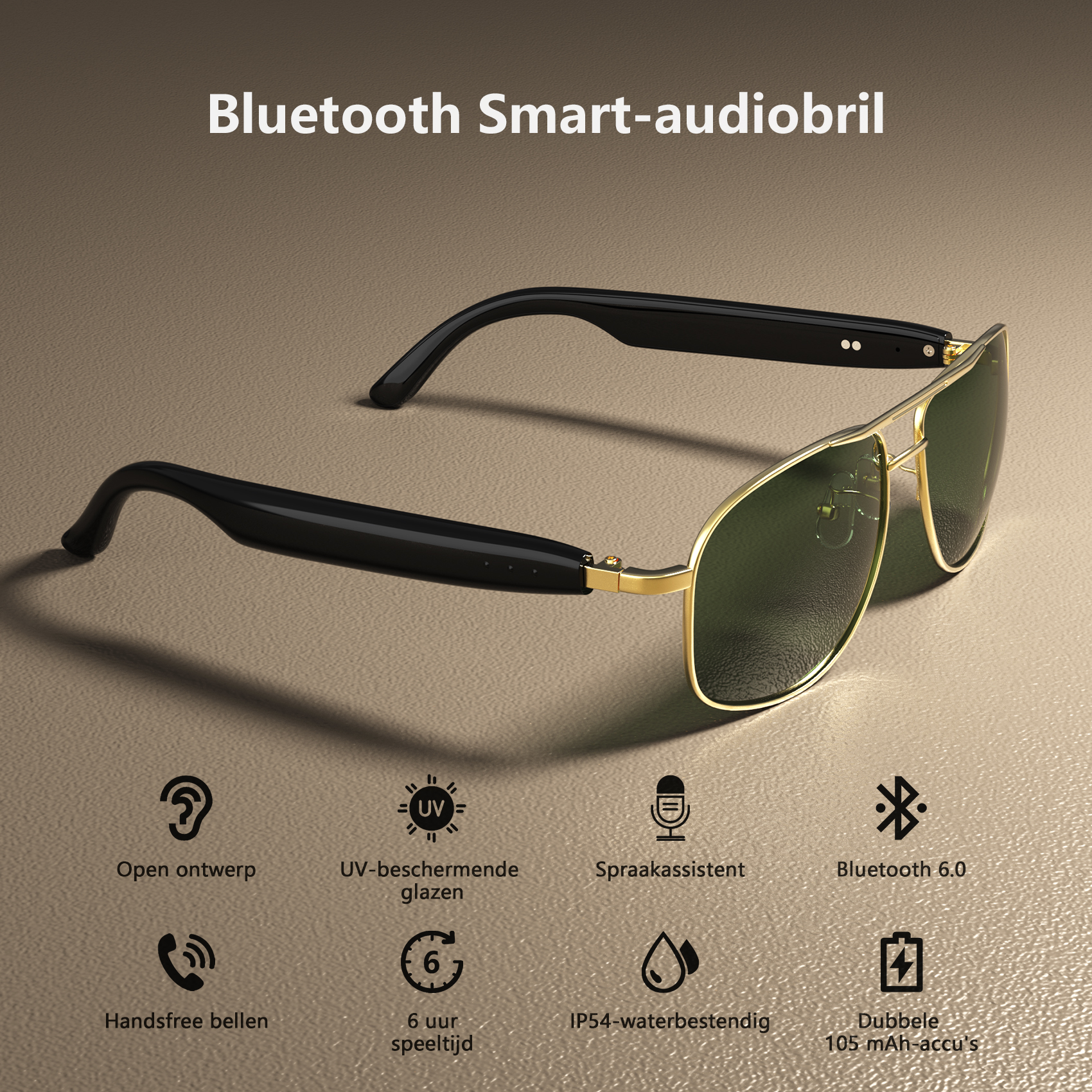 Black smart glasses with gold frame and green lenses on a neutral background.