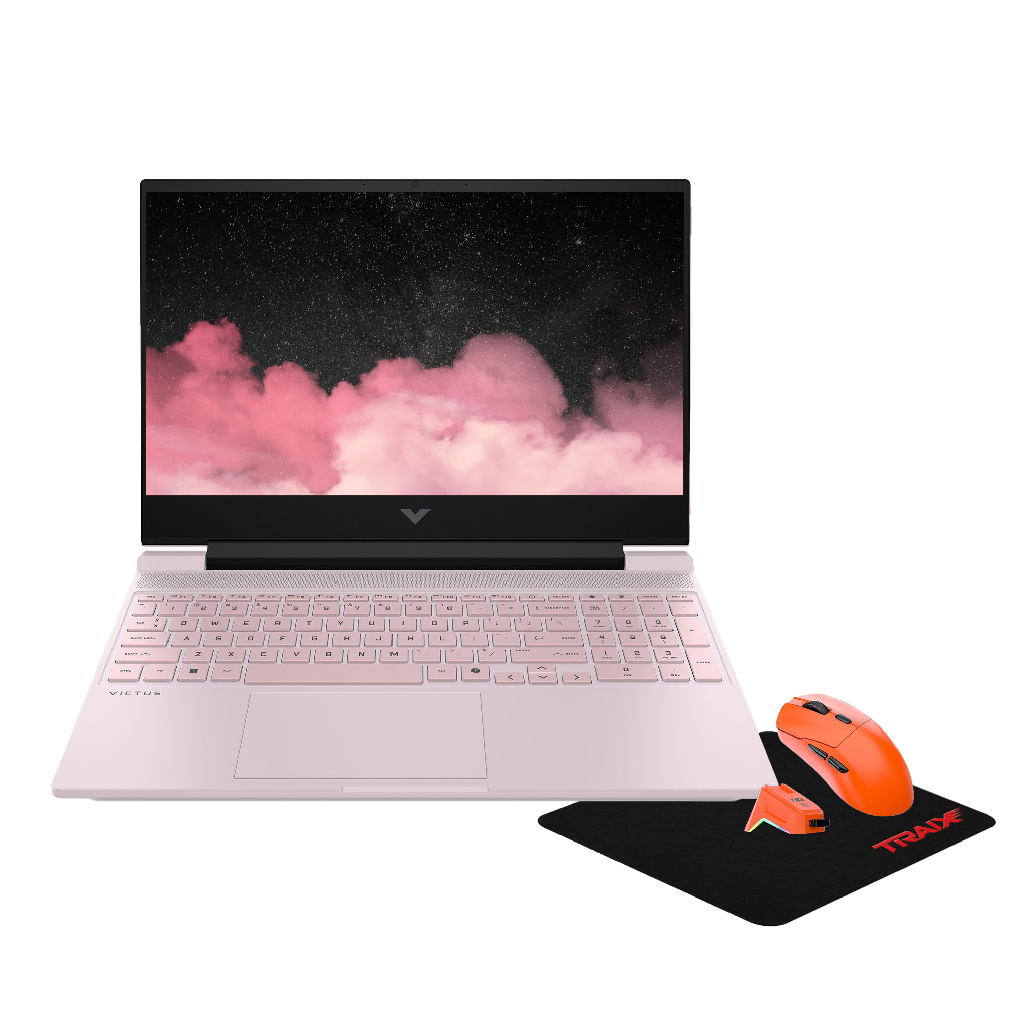 Yıldızlı gökyüzü arka planlı pembe dizüstü bilgisayar, yanında turuncu fare ve mousepad.
