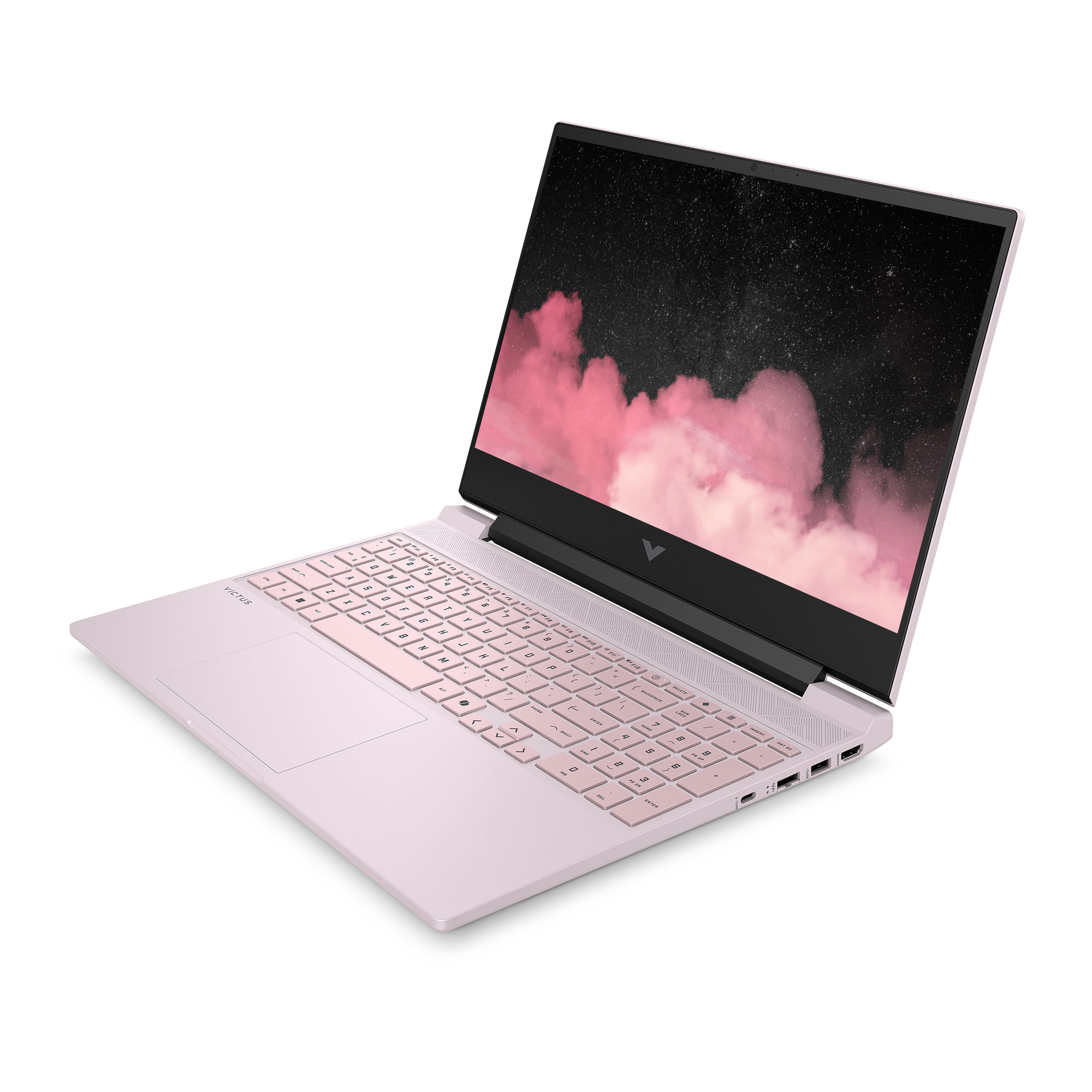 Yıldızlı gökyüzü ve pembe bulutlar duvar kağıtlı pembe HP Victus dizüstü bilgisayar açıktır.