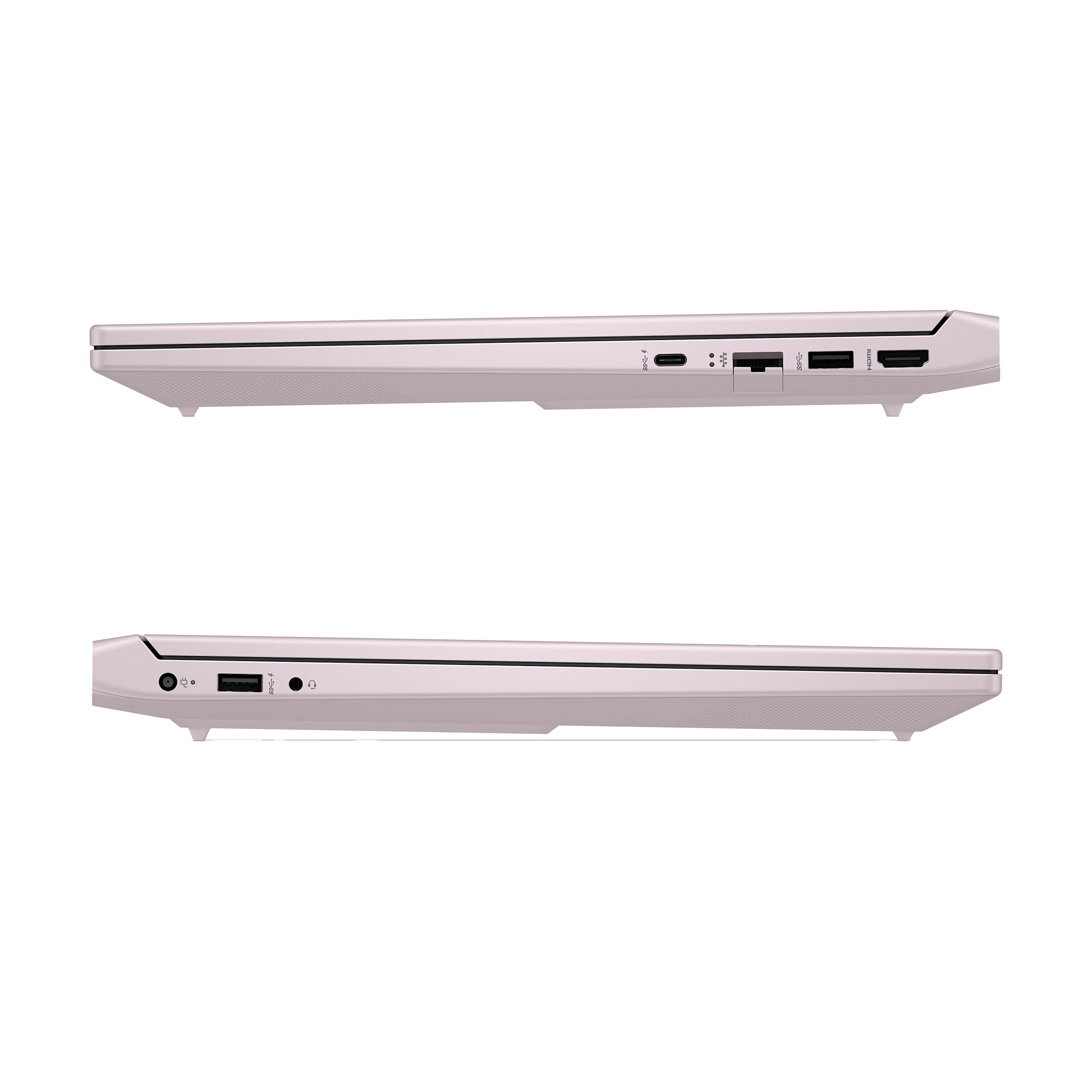 USB-C, USB-A ve HDMI bağlantı noktalarını gösteren pembe bir dizüstü bilgisayarın yan görünümü.