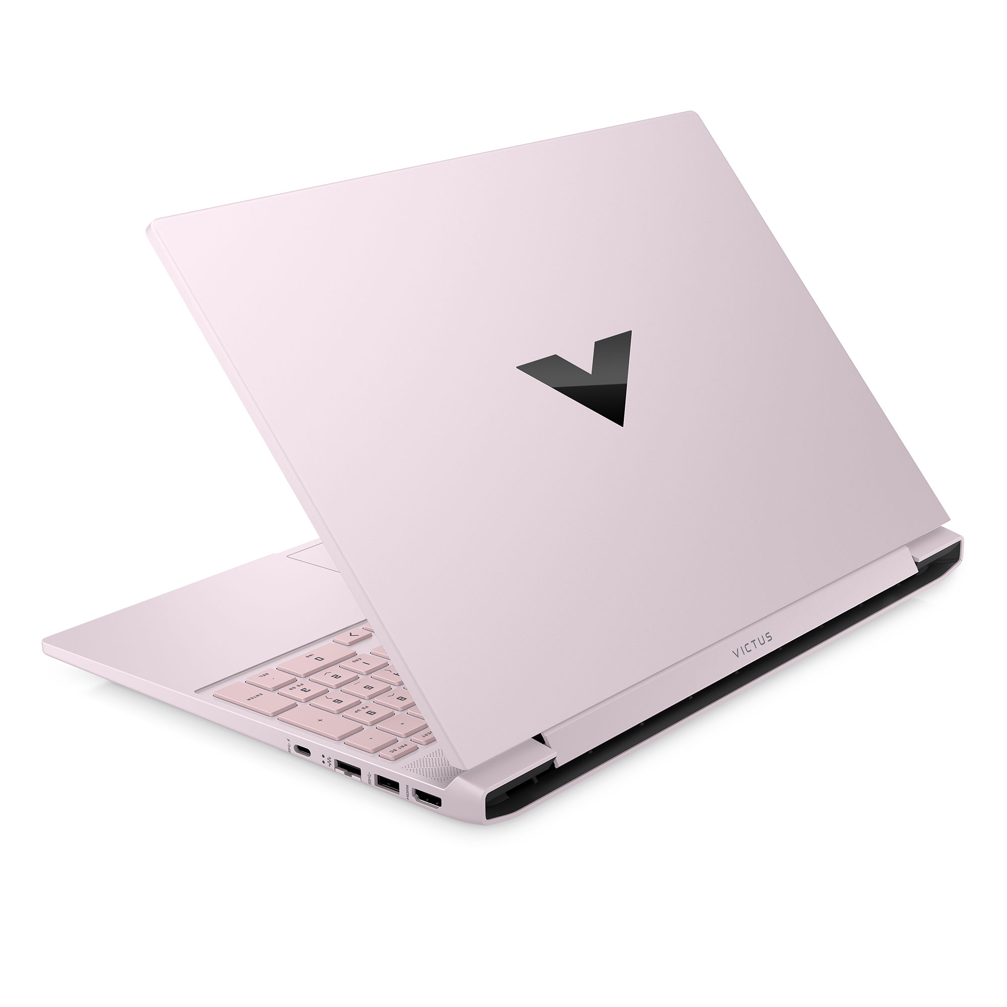 Pembe bir dizüstü bilgisayar, kapağında siyah V logosu var.