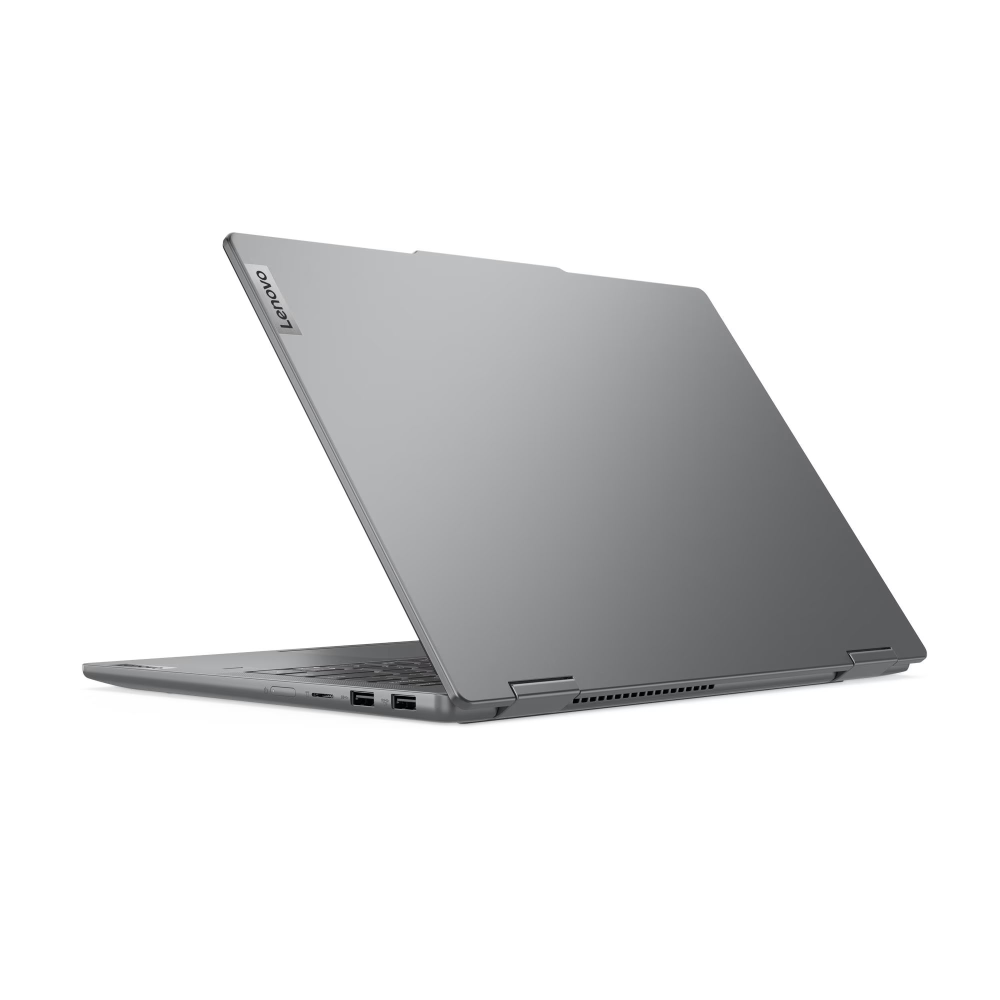 Gri bir Lenovo dizüstü bilgisayar beyaz arka planda açık.