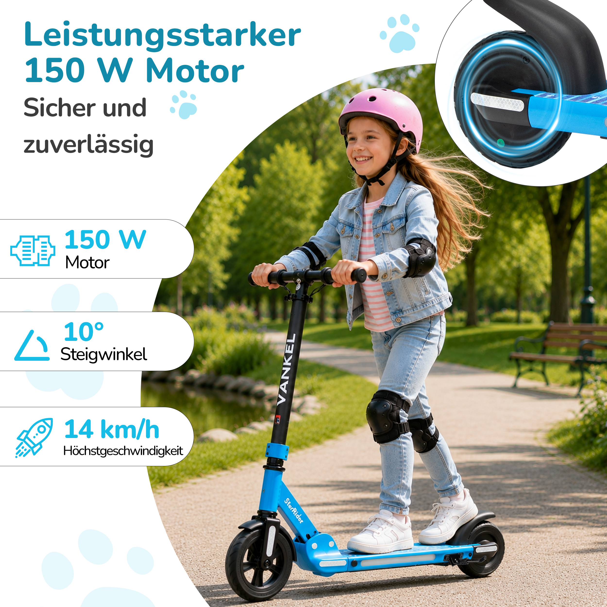 Ein Mädchen fährt einen blauen Roller mit Helm und Schutzausrüstung im Park.