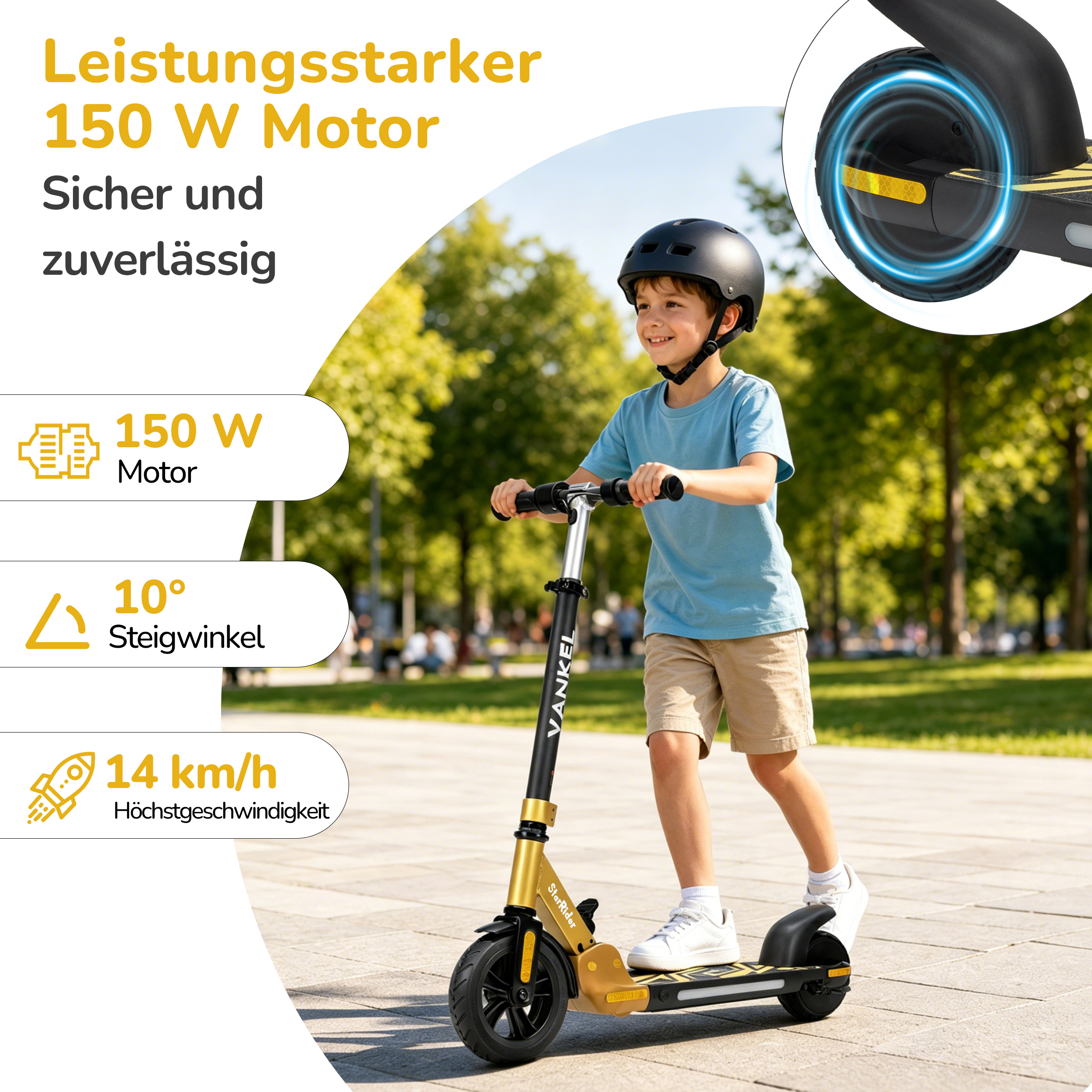 Ein Junge fährt einen goldfarbenen Elektroroller mit Helm auf einer Steinstraße.