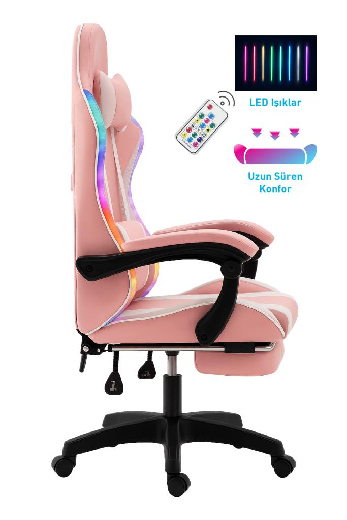 Pembe LED ışıklı ve kumandalı oyuncu koltuğu.